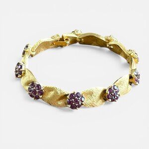 Vintage Crown Trifari Birthday Ribbon Bracelet February Purple Floral Rhinestone